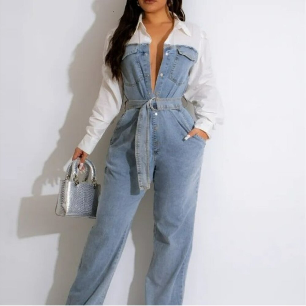 Women's Blue Denim Full-length Shirt-type Jumpsuit